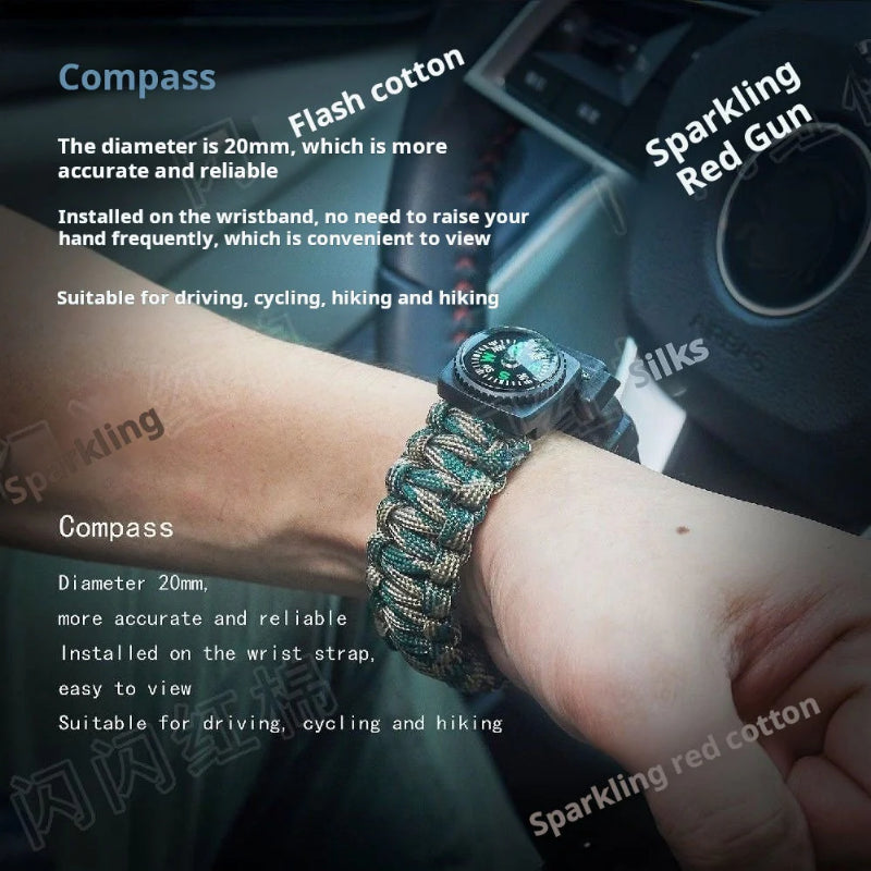 Multi-Functional Survival Bracelet: 13-in-1 Tool with LED Light, Window Breaker, Knife, Fire Starter, Compass, and More