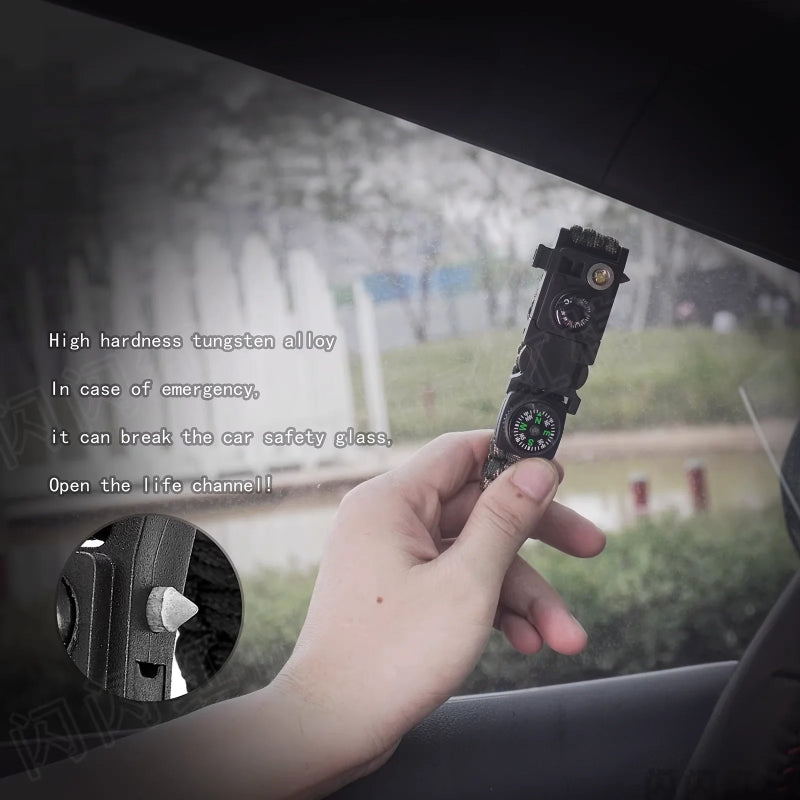 Multi-Functional Survival Bracelet: 13-in-1 Tool with LED Light, Window Breaker, Knife, Fire Starter, Compass, and More